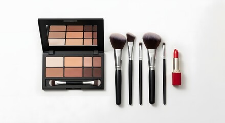 Flat lay: makeup palette, brushes, lipstick, minimalist style, clean white background, soft lighting.