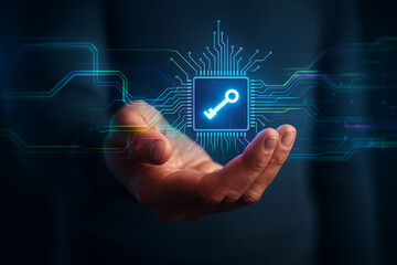 AI generated hand holding glowing holographic microchip with key icon symbolizing cybersecurity encryption data protection and futuristic digital network security