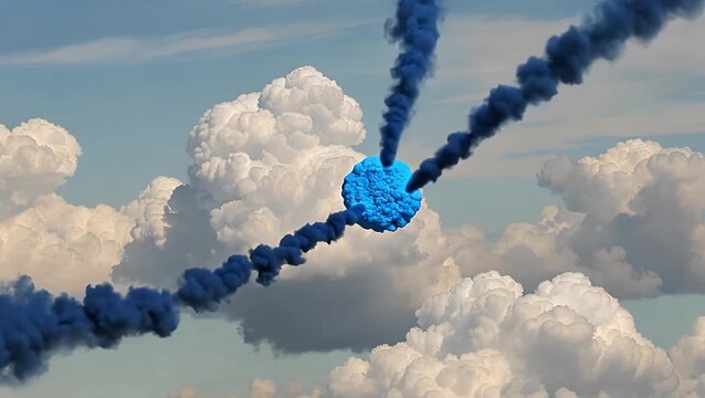 Jet Aircraft Leaving Long Trail of Condensation Vapor as It Flies Through Blue Sky Amidst Clouds