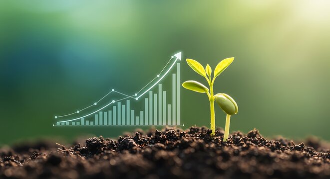 A vibrant green seedling growing from rich soil, overlaid with an ascending bar graph and arrow, symbolizing business growth and environmental sustainability.
