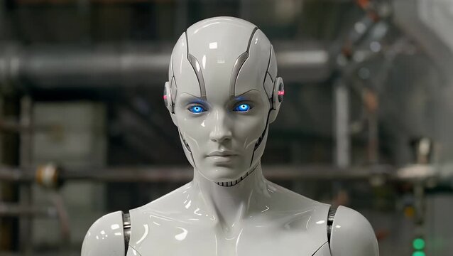 human-like female automaton countenance enveloped in gleaming pale man-made exterior material