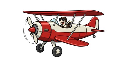 A cartoon of a cheerful pilot in a red and white biplane soaring through the sky, ready for adventure. The pilot wears a smile and aviator glasses