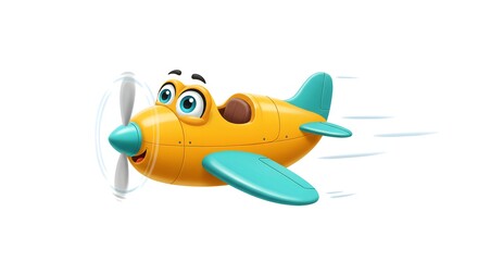 A whimsical illustration of a cartoon airplane soaring through the sky, a cheerful and vibrant design. This joyful image features a smiling aircraft, creating a sense of fun and adventure