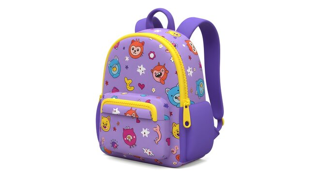 A vibrant purple backpack with playful designs, perfect for a child's adventures