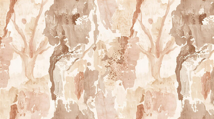 Abstract watercolor pattern of stylized trees in muted earth tones.