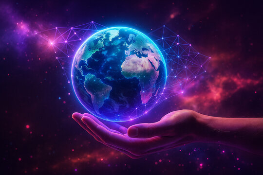 AI generated ultra realistic image of human hand holding glowing earth with blue and purple light surrounded by digital network lines symbolizing global connection technology and innovation
