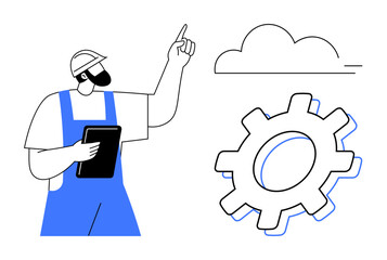Worker in hard hat and overalls holding tablet, pointing at cloud and gear icon. Ideal for technology, cloud computing, innovation, engineering, industry, teamwork productivity. Simple flat metaphor