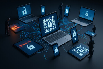 AI generated illustration showing multiple devices with QR codes padlocks glowing connections and security alerts representing cyber protection and multi device digital network safety