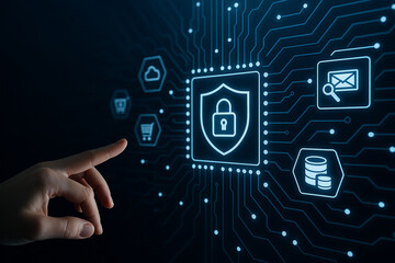 AI generated futuristic cybersecurity visualization showing glowing shield with lock icon surrounded by digital circuit network icons representing data protection privacy trust and secure online