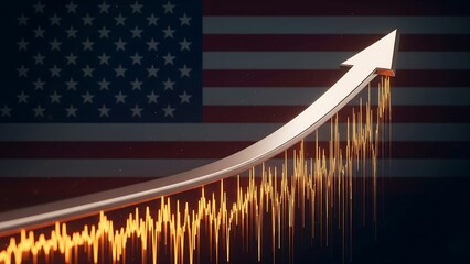 A bold upward arrow surging over an orange analytical wave chart on a dark, subtle US flag background. Symbolizes strong economic momentum, recovery, and financial optimism.