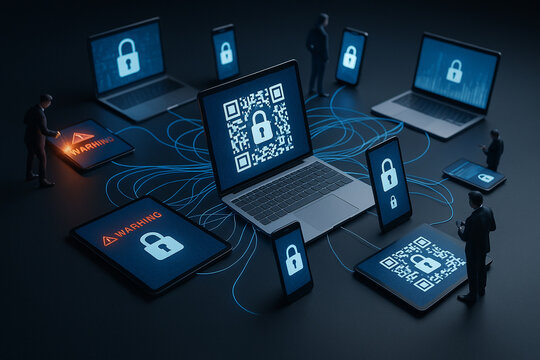 AI generated illustration showing multiple devices with QR codes padlocks glowing connections and security alerts representing cyber protection and multi device digital network safety