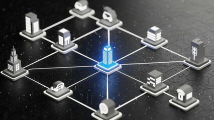 A dynamic abstract network and digital data flow visualization showing a path between analysis, security, storage, and global connections in a high-tech system.