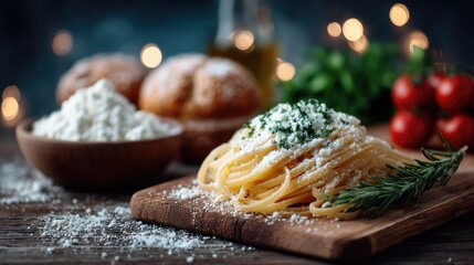 Spaghetti Pasta Dish on Wooden Board with Tomato and Rosemary on Dark Background with Blurry Light Italian Cuisine