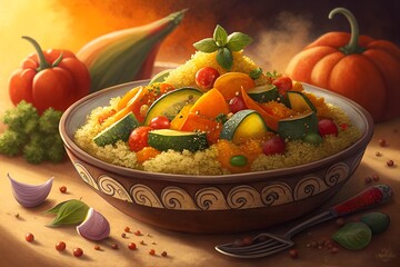 Delicious hand-painted couscous dish with fresh vegetables and warm lighting