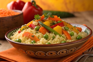 Delicious and vibrant couscous with fresh vegetables in a rustic bowl