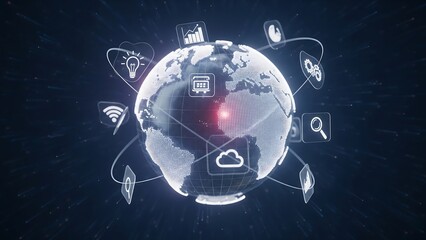 A digital earth globe surrounded by an interconnected ring of tech icons for ideas, Wi-Fi, search, and data. Visualizes global business, communication, and digital transformation.