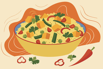 Colorful vector illustration of a healthy couscous dish with fresh vegetables