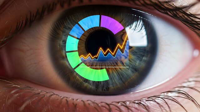 Extreme close-up of a human eye with a colorful, projected graphic displaying a rising line chart and pie chart. Symbolizes keen business insight, data analysis, and market vision.