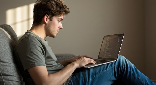 Working from home young man coding on laptop cozy living room digital lifestyle reflection