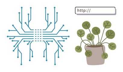 Minimalistic plant in a pot, circuit board structure, and web browser URL field representing the blend of nature, technology, and connectivity. Ideal for innovation, sustainability, eco-tech, digital