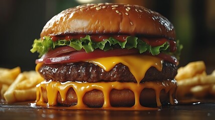 Melted cheese burger with fries