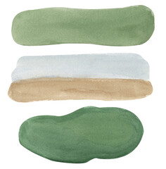 Hand drawn watercolor illustrations of assorted grounds and backgrounds. Grass, sand and river land surfase set isolated on a transparent background