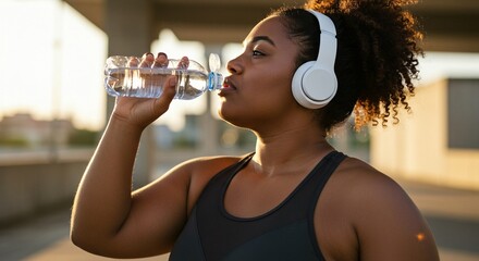 Woman hydrating with water in sports bra and headphones, enjoying a refreshing break during an outdoor workout