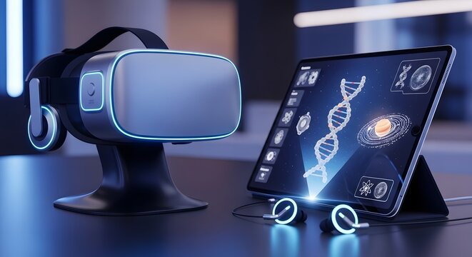 Virtual reality headset and tablet displaying a holographic DNA helix for advanced scientific research and data visualization.