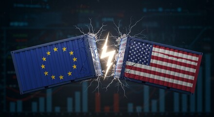 Containers collide, EU vs. US trade tensions visualized with cracks and lightning. A strong message about global commerce.
