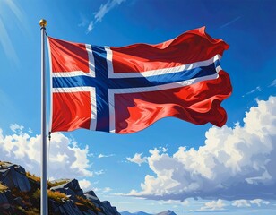 Norwegian Flag Majestically Unfurled Against a Sky of Clouds