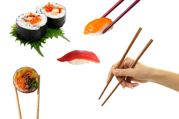 Assorted Sushi Rolls, Nigiri, and Chopsticks Isolated on Transparent Background © Husaini
