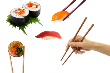 Assorted Sushi Rolls, Nigiri, and Chopsticks Isolated on Transparent Background