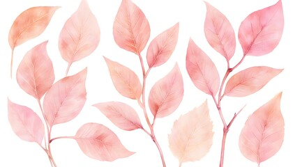 Pink Watercolor Leaves Botanical Illustration Set on White Background