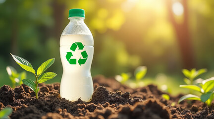Recyclable plastic bottle in soil with seedlings and sunlight evoking environmental care