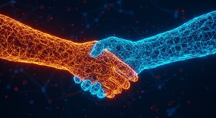 Digital Handshake: Two glowing, networked hands in orange and blue connect in a collaborative, futuristic digital agreement.