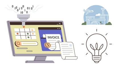 Computer screen displaying data processing, calendar, and invoice, paper document with a dollar sign, airport building, light bulb representing innovation. Ideal for business, automation, finance