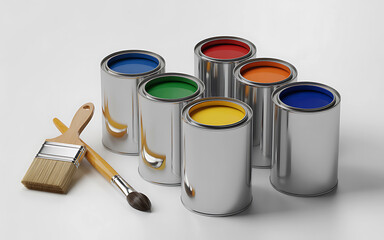 Paint cans with colorful paints and brushes on a white background