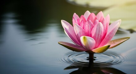 A pink water lily floats on dark water with ripples