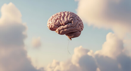 A surreal concept of a human brain floating like a balloon amongst the clouds in a dreamy sky.