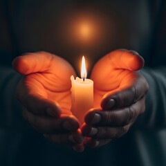 Close-up of hands holding lit candle, warm glow, dark and blurred background.