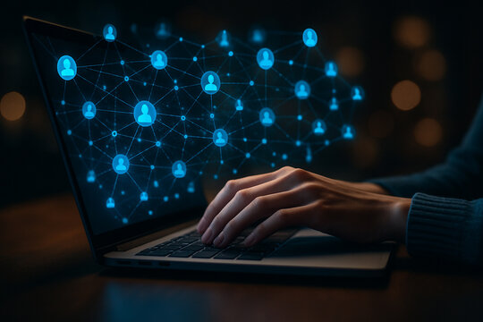 AI generated ultra realistic image of hands typing on laptop with glowing blue profile icons and digital links symbolizing online communication social network data sharing and futuristic technology