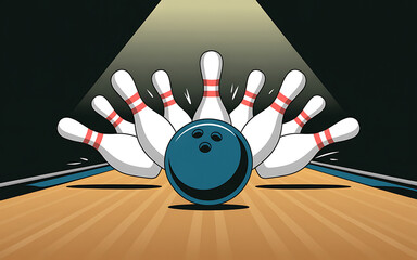 Bowling ball hitting pins on the lane in a bowling alley with spotlight