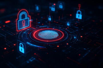 Fototapeta premium AI generated glowing fingerprint hologram with padlock icons and circuit design symbolizing biometric authentication data protection and cybersecurity in futuristic digital technology