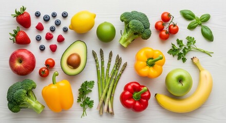 A variety of fresh fruits and vegetables arranged on a white wooden surface