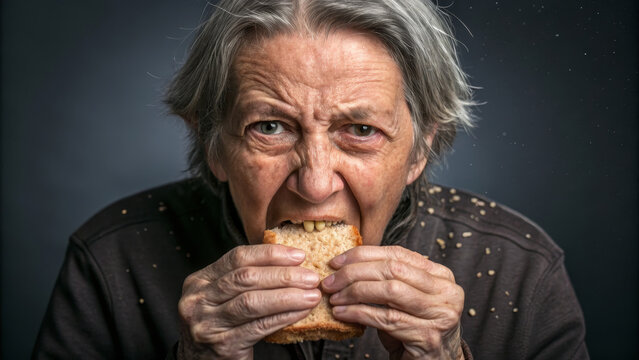 Elderly woman coughing while eating bread, senior eating sandwich, stage of choking expression, crumbs clothing, indoor