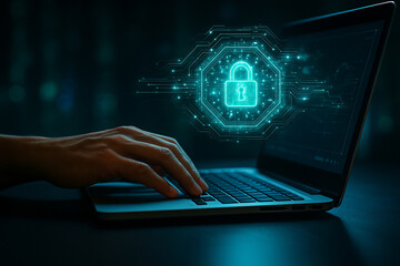 AI generated ultra realistic visualization of cybersecurity and data encryption showing holographic lock icons and glowing digital network for secure technology