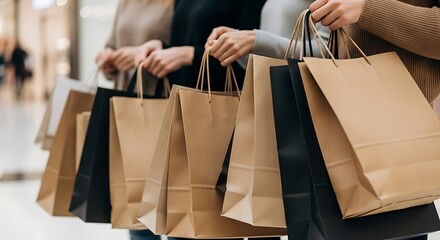 Close-up of several women holding numerous shopping bags, showcasing a variety of colors and sizes. Suggests a successful shopping spree or retail experience.