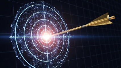 A golden arrow hitting the bullseye of a digital, glowing target network. A powerful visualization for accurate business strategy, precision marketing, technology goal achievement, and success.