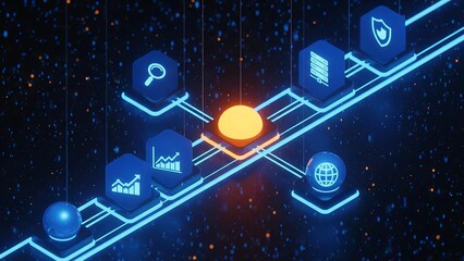 A dynamic abstract network and digital data flow visualization showing a path between analysis, security, storage, and global connections in a high-tech system.