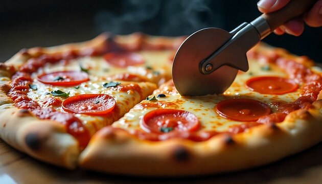Savoring a freshly baked pepperoni pizza being perfectly sliced with a classic pizza cutter, creating an irresistible aroma and mouthwatering appeal for any food lover.
